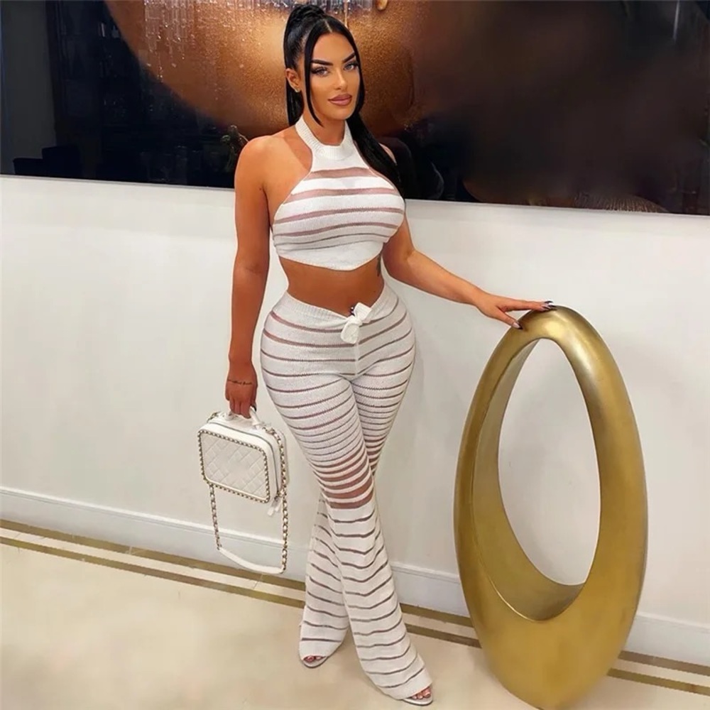 Striped White Halter Crop Top & Flared Leg Set — White MESH
